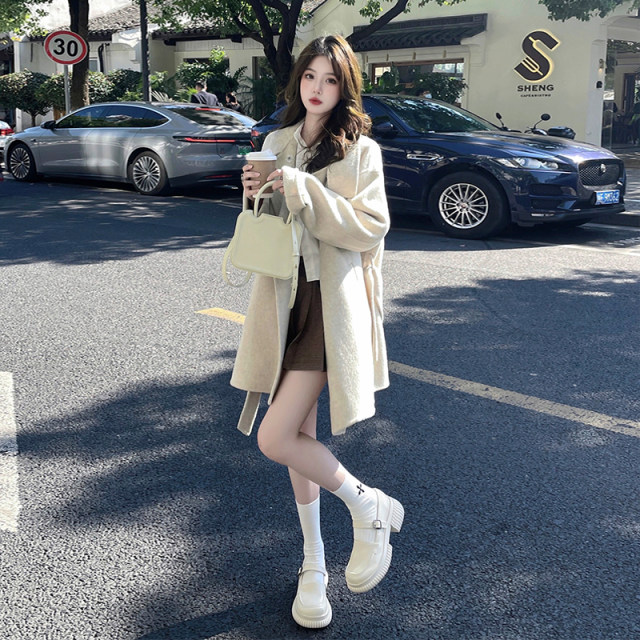Korean version of small versatile lace-up strap collar tweed coat