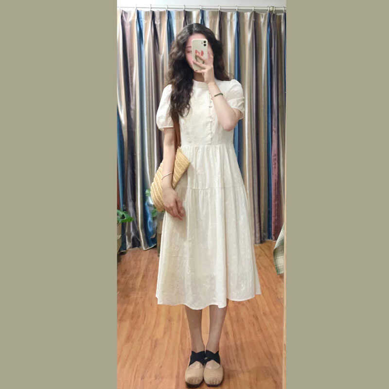 新中式国风短袖连衣裙女夏季法式复古高腰立领显瘦小个子中长裙子