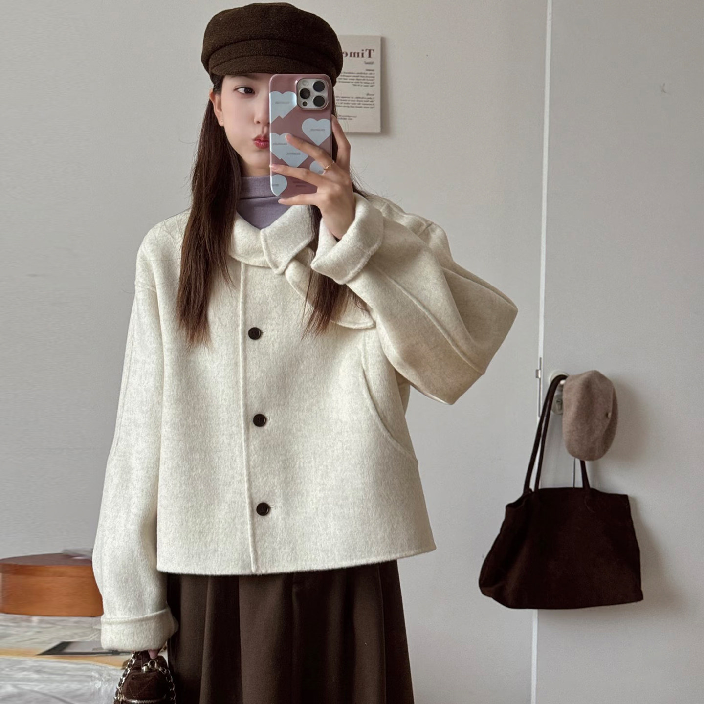 轻熟风兔耳朵领米白色毛呢外套女新款小个子宽松高级感呢子大衣,淘宝优惠券,粉丝福利购,淘宝优惠卷