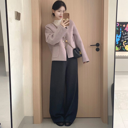 Small gentle style pink gray short woolen coat