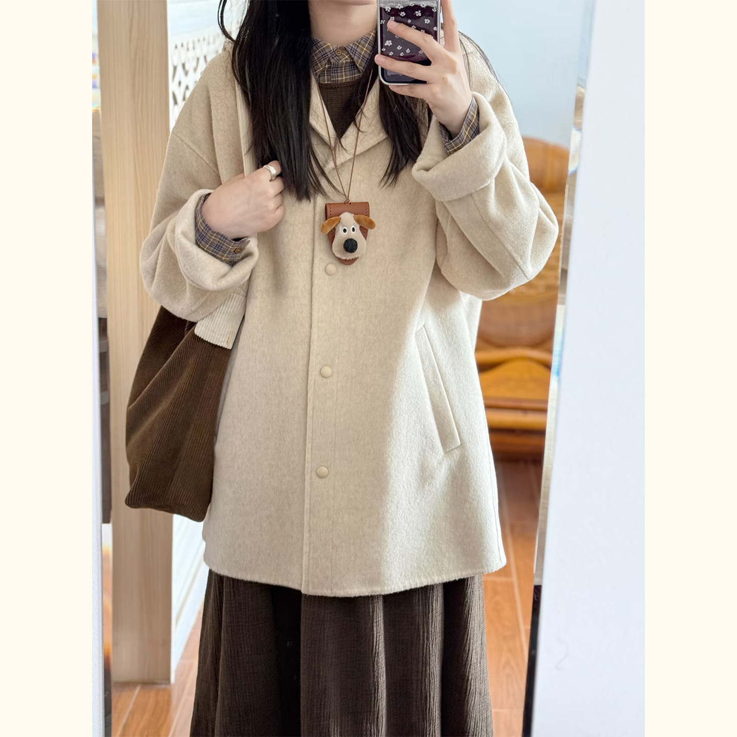 韩版米白色连帽毛呢外套女秋冬小个子中长款单排扣温柔风呢子大衣,淘宝优惠券,粉丝福利购,淘宝优惠卷