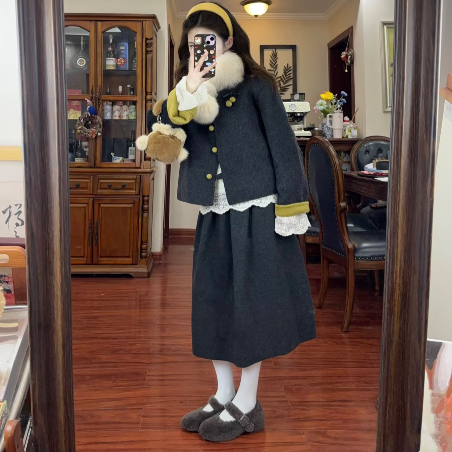 灰色毛呢套装女秋冬季复古学院风小个子撞色外套半身裙显瘦两件套,淘宝优惠券,粉丝福利购,淘宝优惠卷