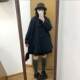 Mid-length black hooded loose woolen coat with cape