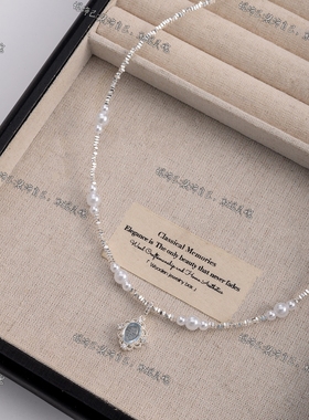 蓝色碎银子珍珠项链锁骨链新款女
