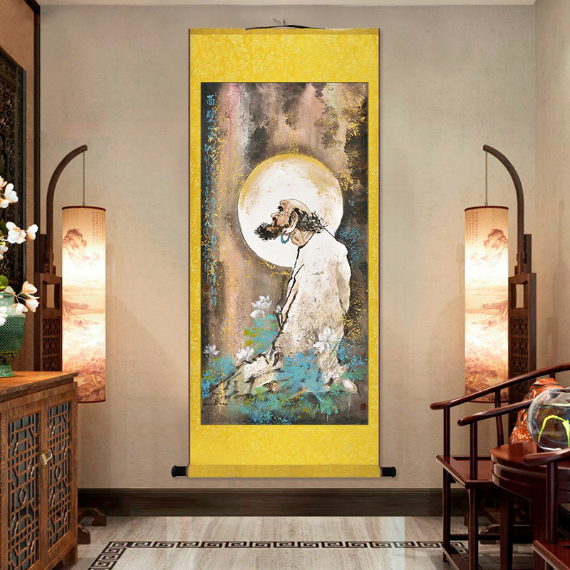达摩祖师画像丝绸卷轴挂画客厅佛堂装饰画达摩面壁图 达摩渡江图 - 图0