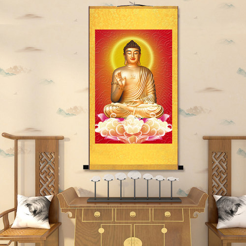 释迦摩尼佛卷轴画像 现代卷轴丝绸画挂画 阿弥陀佛画像佛像装饰画 - 图0