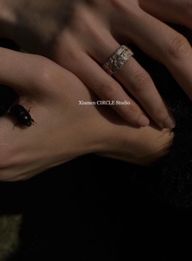 小众婚戒设计师订制纯银手工不规则纹理错金点金嵌金银饰暗2022ss