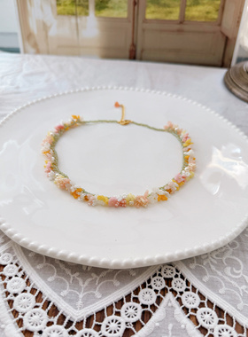 弋朵手作橙黄色花朵串珠项链，小众个性女实测显白