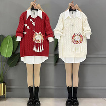 Fat mm national wind disc buckle loose knit blouse Reduced Age Rabbit Embroidery Flow Su Design Big Code Expats Slim Sweater Suit