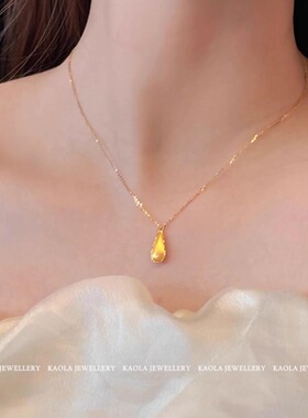 黄金色拉丝水滴项链高级感轻奢小众新中式复古纯银颈链秋冬锁骨链