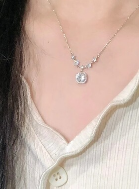 925纯银方糖镶钻项链轻奢精致女