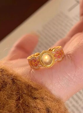 S925纯银桃之夭夭粉金珐琅戒指女