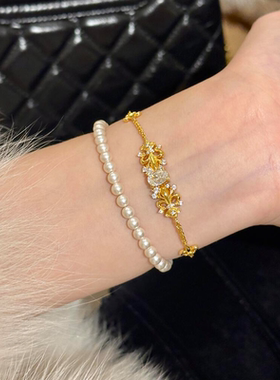 中古超闪金色鸢尾花手链复古千金