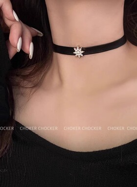 925纯银月亮太阳镶钻黑色皮质choker项圈项链配饰女款颈链锁骨链