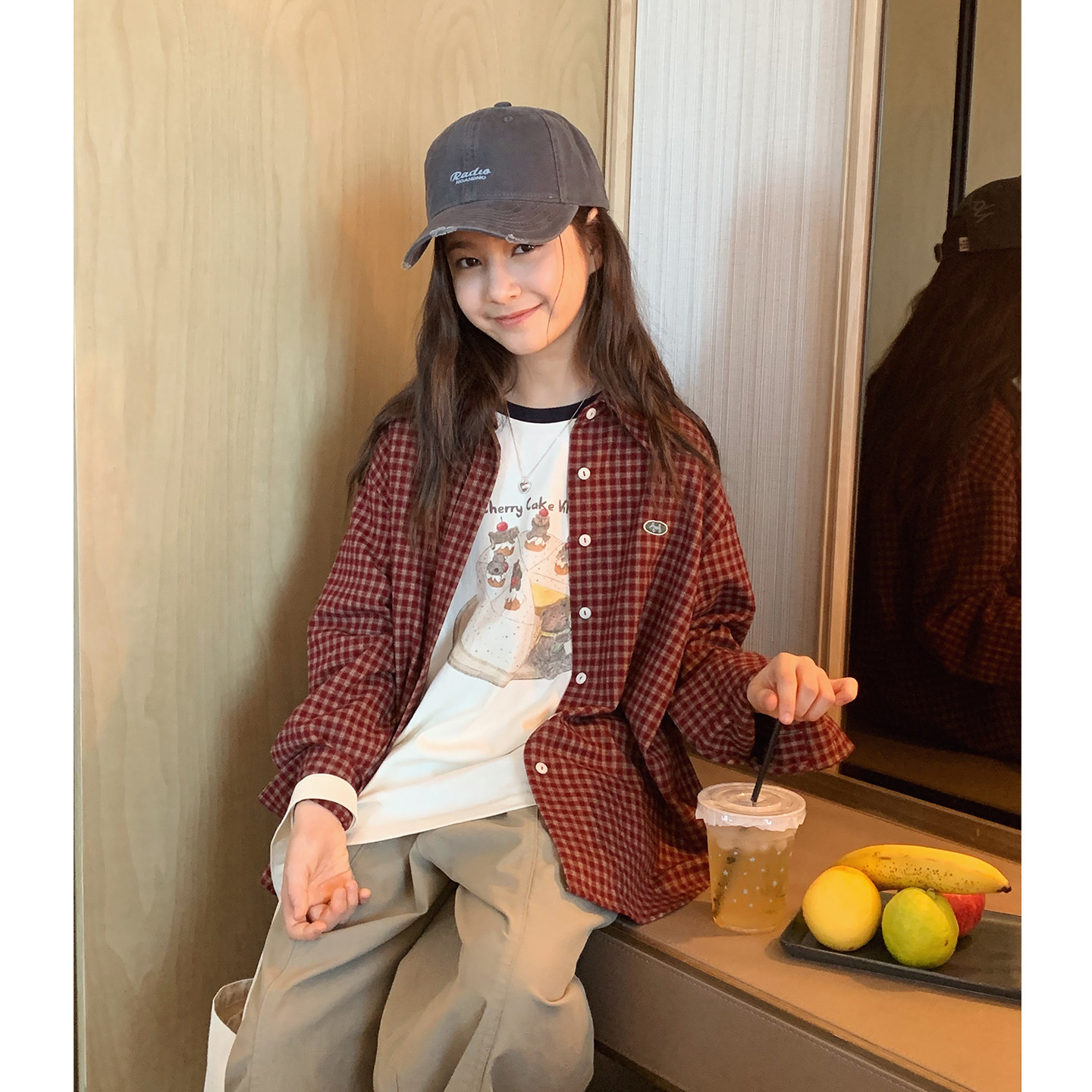Korean style casual loose red plaid lapel shirt top