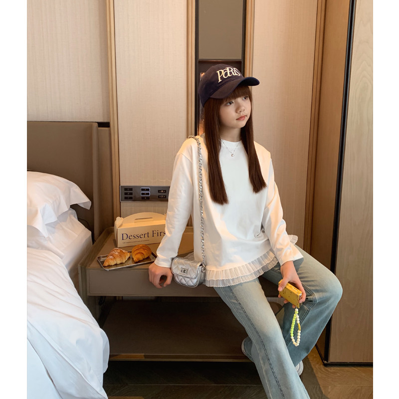 女大童韩版蕾丝拼接长袖T恤2025春装新款少女早春叠穿小白T打底衫,淘宝优惠券,粉丝福利购,淘宝优惠卷