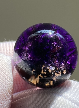 天然水晶紫晶发云母晶中晶银山吊坠圆珠DIY紫发晶单珠饰品15mm