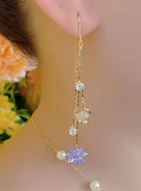 紫色冰花猫眼石流苏耳线