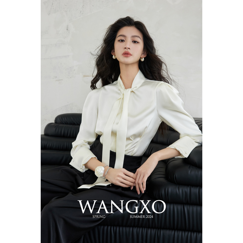 WANGXO|重磅奢贵高级双面缎光泽华丽|一体式飘带领收腰长袖衬衫女