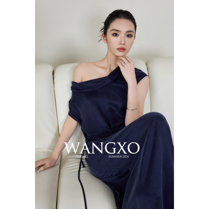 WANGXO｜凉感呼吸铜氨丝云柔舒适｜荡领两穿设计感宽松系带连衣裙-图1