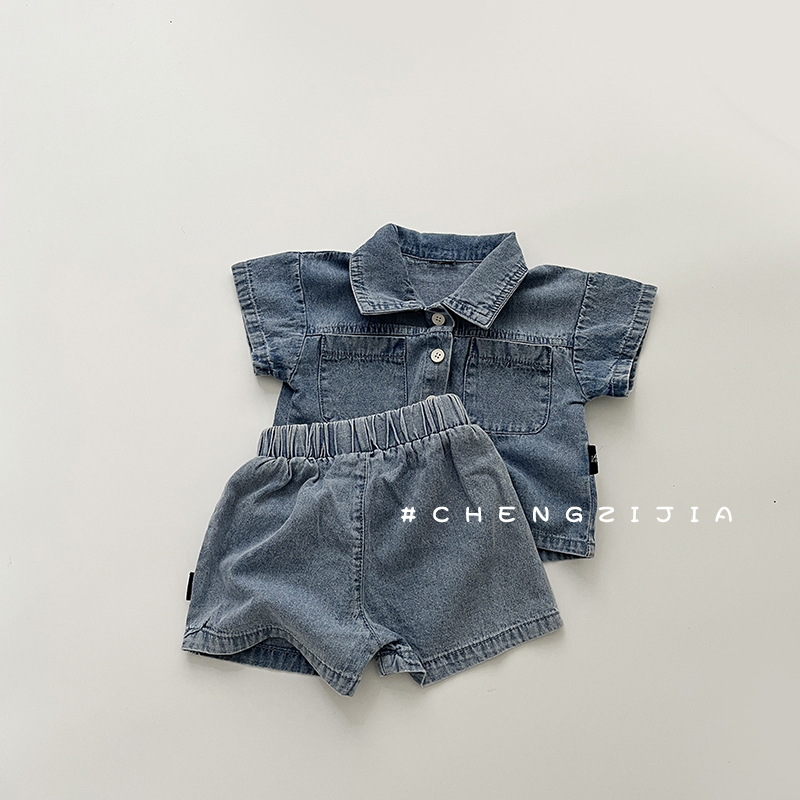 婴幼儿童时尚洋气两件套韩版潮夏季男女宝宝短袖牛仔衬衫短裤套装