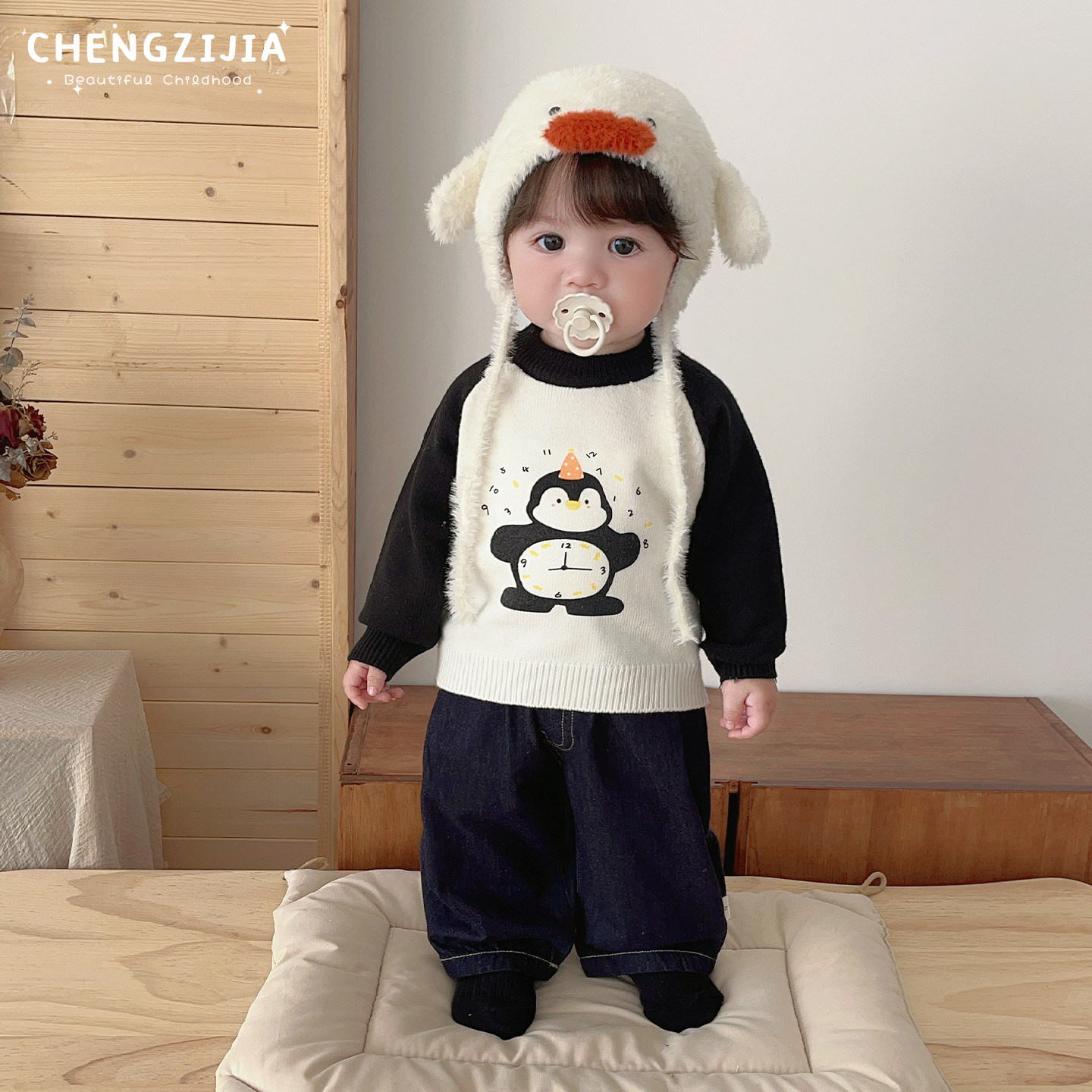 男宝宝冬装可爱毛衣套装男童卡通加厚保暖针织衫婴儿百搭牛仔裤子,淘宝优惠券,粉丝福利购,淘宝优惠卷