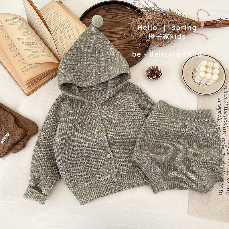 男童春秋装复古格子连帽毛衣开衫外套洋气女宝宝针织包屁短裤套装,淘宝优惠券,粉丝福利购,淘宝优惠卷