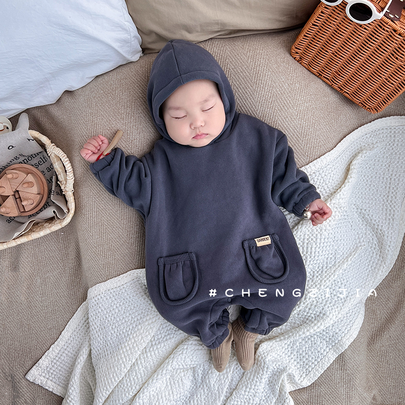 婴儿秋冬装男女宝宝长袖连帽爬服新生儿衣服外出服薄绒连体衣抱衣-图0