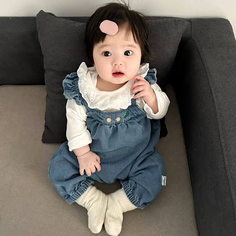 女童春秋包屁连体衣套装韩版婴儿洋气花边领打底衫宝宝外出背带裤,淘宝优惠券,粉丝福利购,淘宝优惠卷
