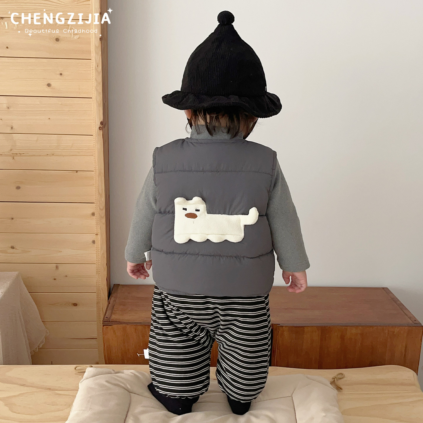 男宝宝冬款卡通马甲套装男童洋气加厚保暖背心打底衫婴儿条纹裤子,淘宝优惠券,粉丝福利购,淘宝优惠卷