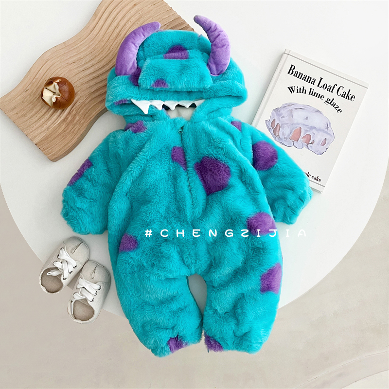 冬季婴儿衣服可爱超萌小怪兽卡通睡衣宝宝加绒爬服加厚保暖连体衣 - 图2