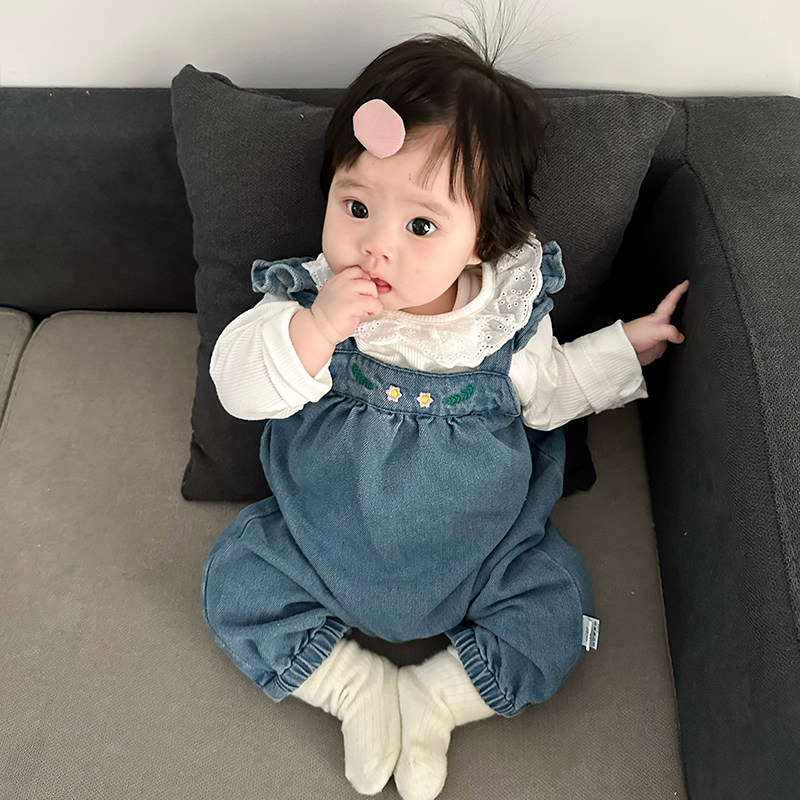 女童春秋包屁连体衣套装韩版婴儿洋气花边领打底衫宝宝外出背带裤,淘宝优惠券,粉丝福利购,淘宝优惠卷