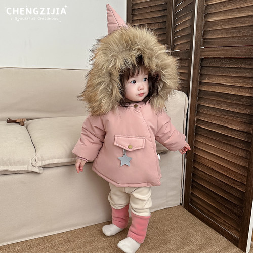 女宝宝冬款韩版毛领连帽外套女童洋气加厚保暖棉袄婴幼儿休闲棉衣 - 图1