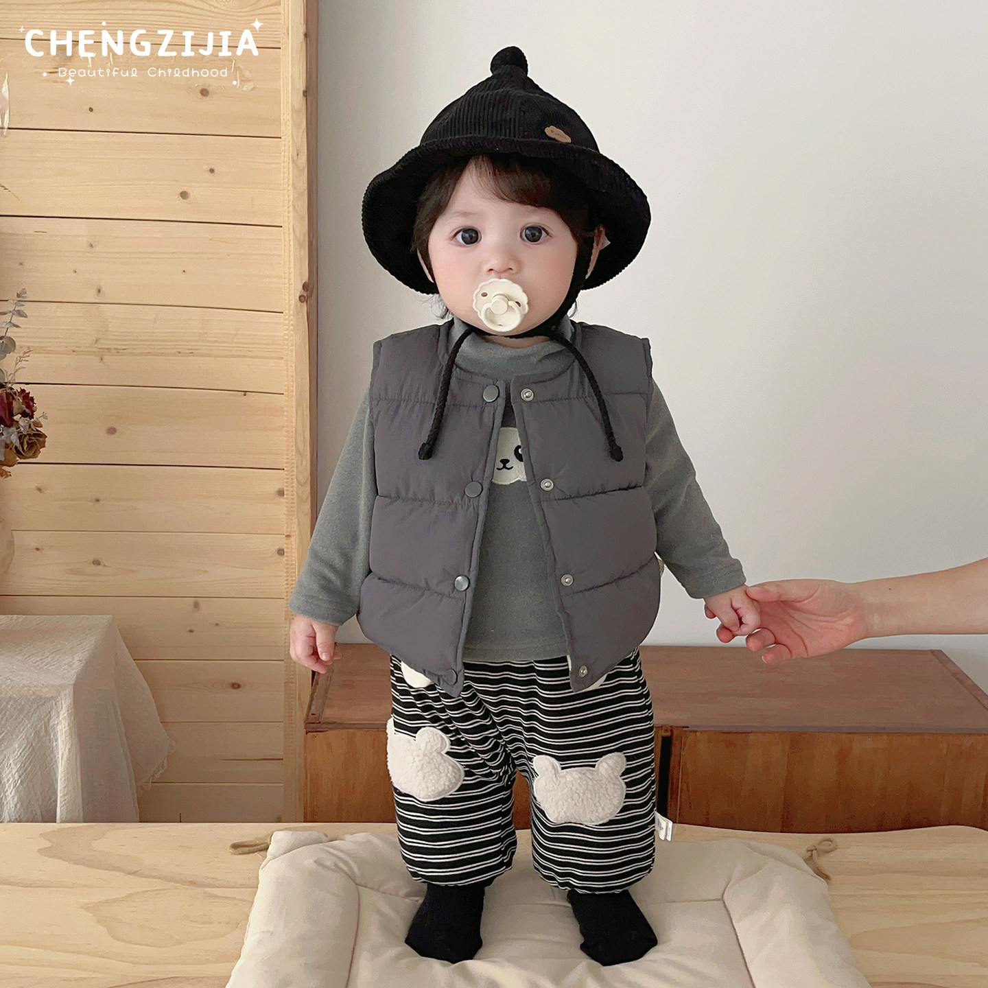 男宝宝冬款卡通马甲套装男童洋气加厚保暖背心打底衫婴儿条纹裤子,淘宝优惠券,粉丝福利购,淘宝优惠卷