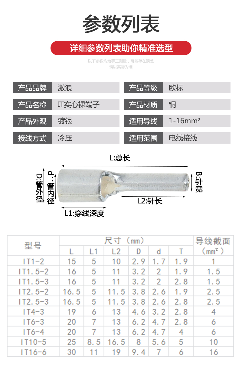 IT针形冷压接线端子1/1.5/2.5/4平方实心黄铜插针铜鼻子线耳接头 - 图0