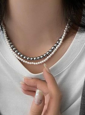 法式珍珠串珠双层项链复古气质高级感毛衣链小众时尚百搭饰品批发