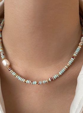 轻奢彩色串珠拼接项链高级感淡水珍珠锁骨颈链叠戴设计饰品女批发