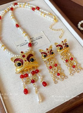 中国风镶钻醒狮人造珍珠项链新中式国潮气质锁骨链复古轻奢饰品女