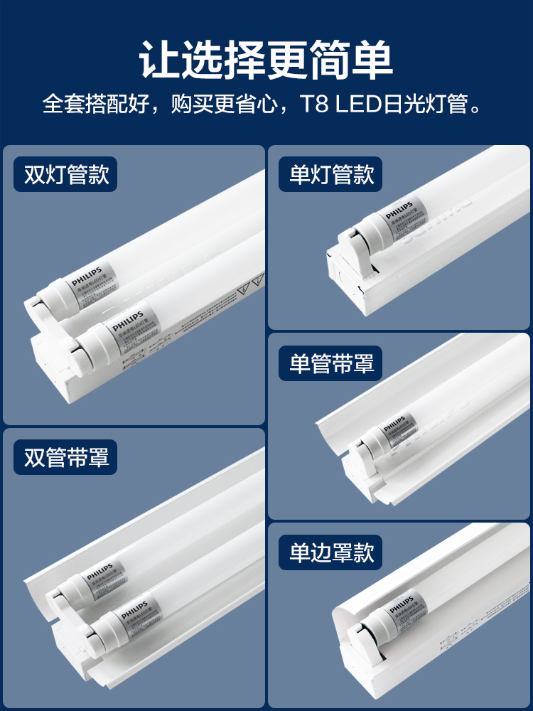 飞利浦T8双端进电一体化LED灯管长条商用超亮日光灯全套灯管支架-图3