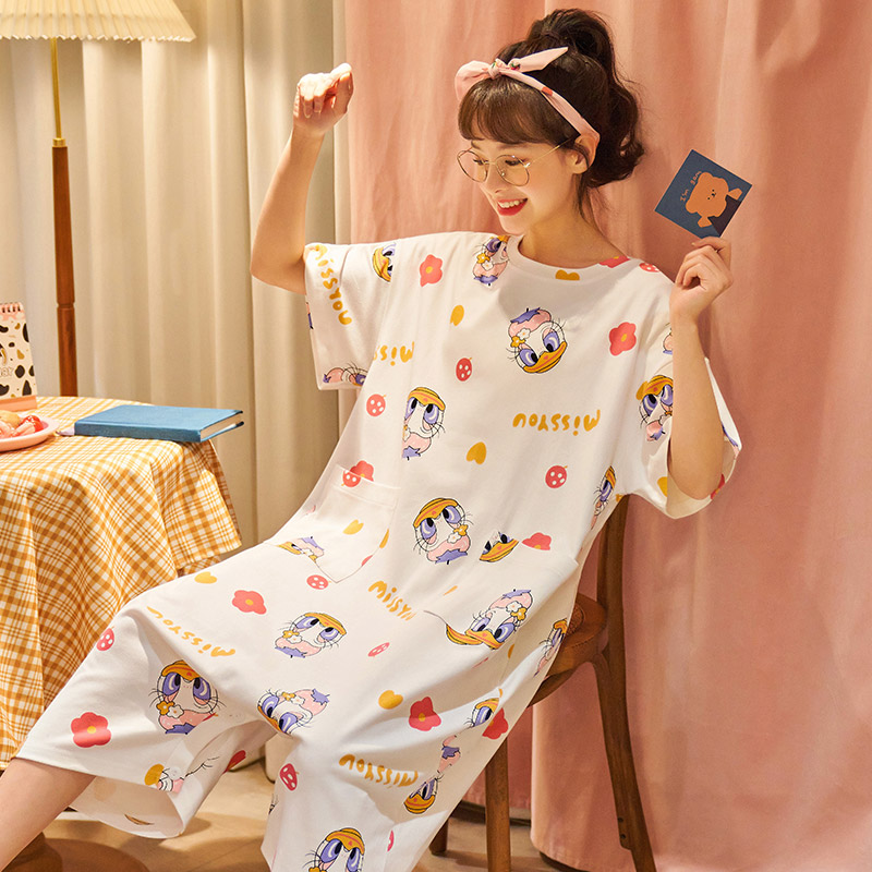 卡卡服饰专营连体睡衣女年夏季新款睡裙短袖纯棉薄款学生休闲中长款家居服1