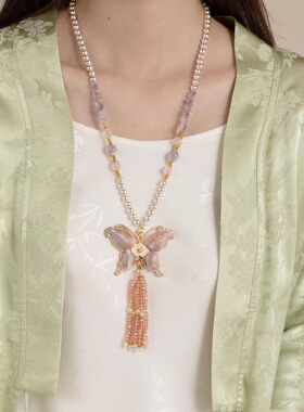 古风仿宋锦成品蝴蝶珍珠流苏长款项链新中式民族风古装服饰毛衣链