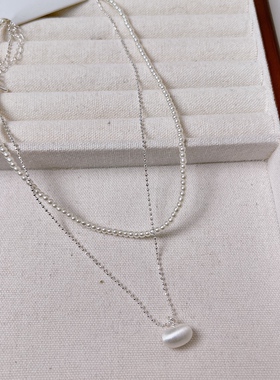 新款韩国东大门时尚双层叠戴珍珠项链女颈链拉丝银色球球豆豆吊坠