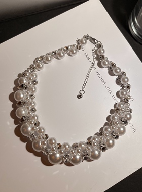 韩国珍珠项链女多层设计感锁骨链高级感爆闪水钻新娘伴娘礼服配饰