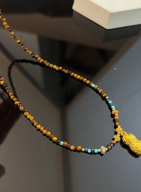 设计师款彩色小天然石串珠项链女小众高级感沙金花生发财吊坠饰品