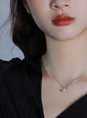 纹砖纯银玫瑰花朵女项链锁骨链