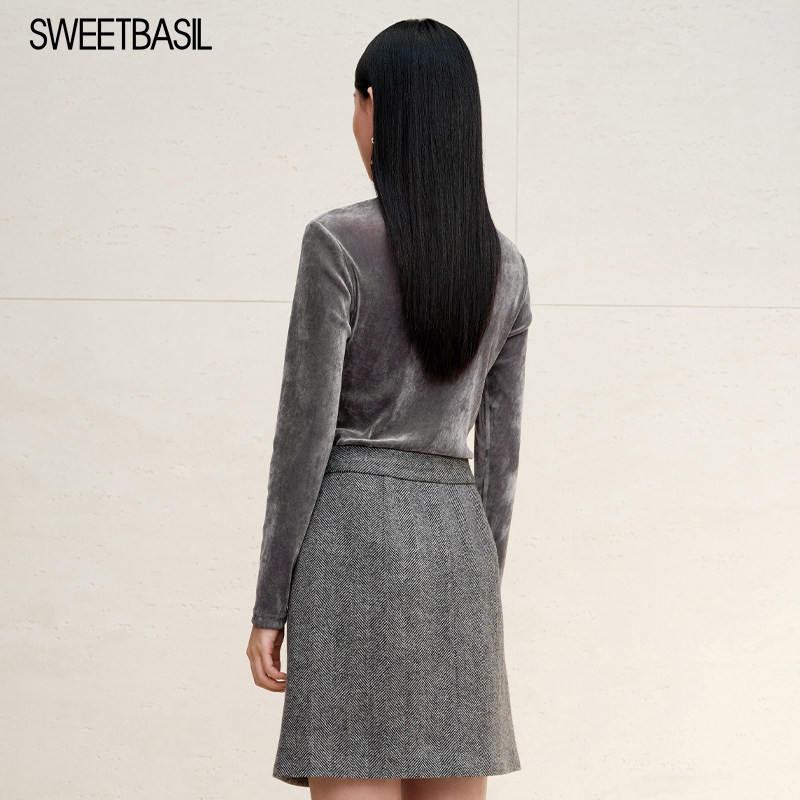 Sweet Basil/紫淑长袖丝绒打底衫女2024秋季新款内搭半高领上衣 - 图3