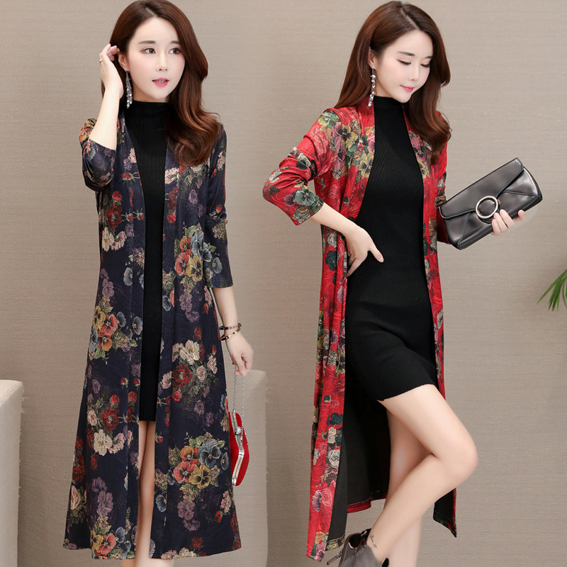 中老年新款妈妈装中长款印花开衫 芙黛怡短外套