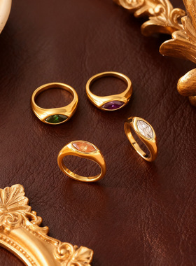 欧美跨境热销简约百搭时尚通勤镶钻马眼彩色锆石印章女士订婚戒指