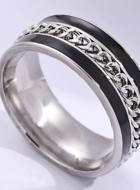 欧美热销钛钢可转动链条戒指男双排滴油不锈钢情侣戒指饰品