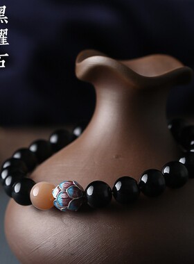 天然黑曜石景泰蓝静心莲花手串男女款文玩佛珠单圈情侣手链送礼物